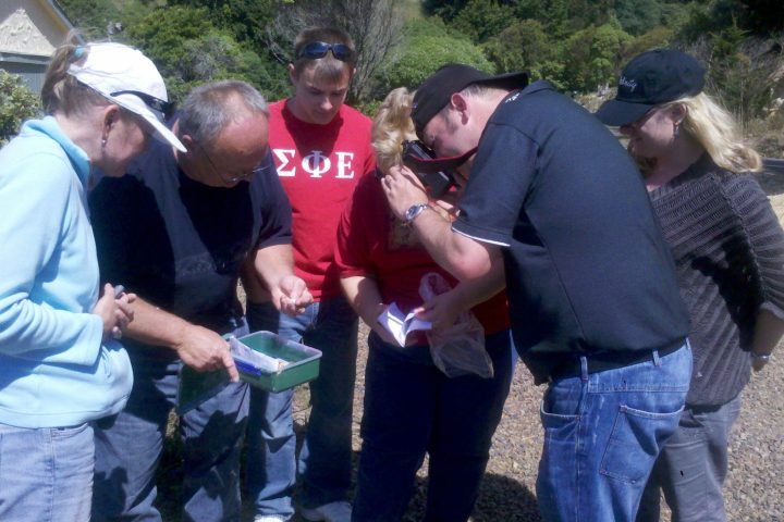 a group of people standing next to a man