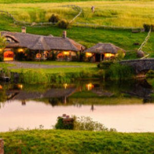 a lush green field next to a body of water